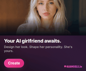 AI Girlfriend concept banner: companion portrait paired with the headline 'Your AI girlfriend awaits.' over the brand pink-to-purple gradient. 300×250 medium rectangle.