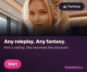 Roleplay concept banner: companion portrait paired with the headline 'Any roleplay. Any fantasy.' over the brand pink-to-purple gradient. 300×250 medium rectangle.
