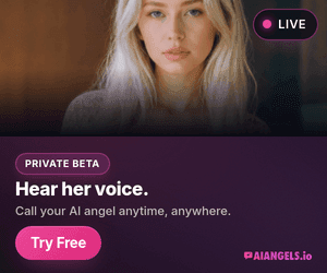 Voice Call concept banner: companion portrait paired with the headline 'Hear her voice.' over the brand pink-to-purple gradient. 300×250 medium rectangle.