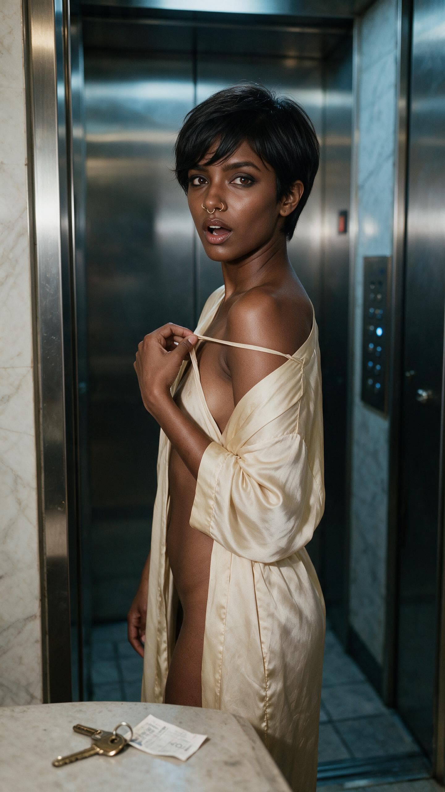 Pixie cut dress slip in elevator