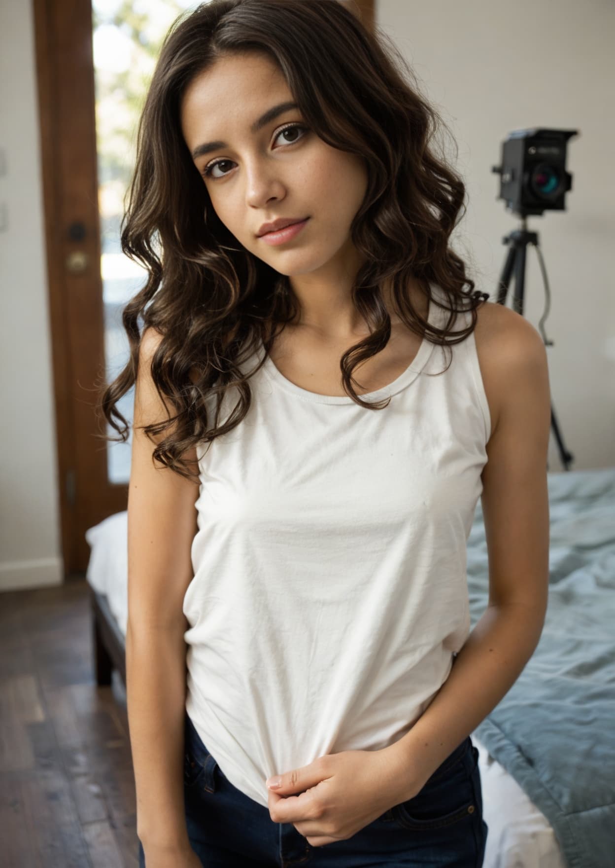Curvy brunette lifts tank top