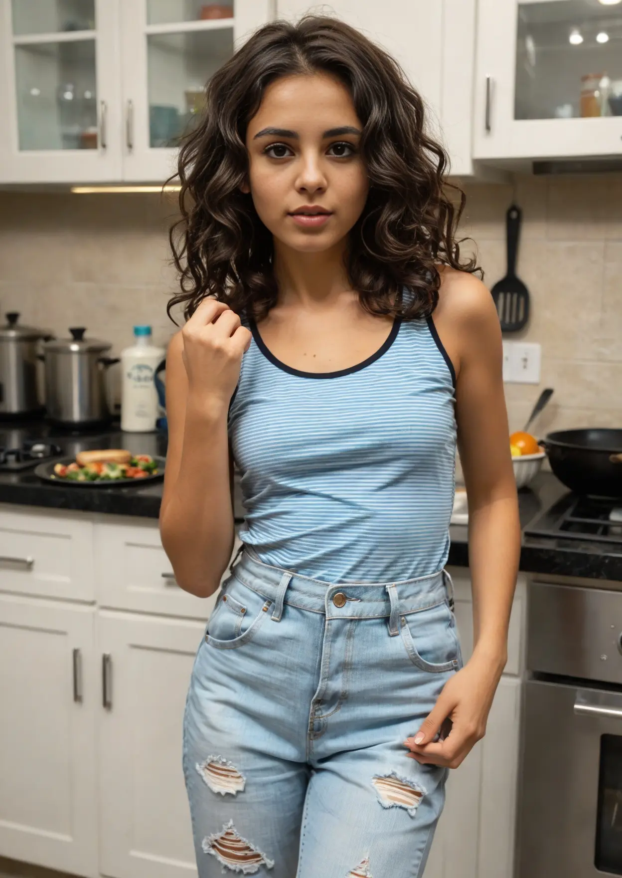 Wavy brunette in kitchen daylight