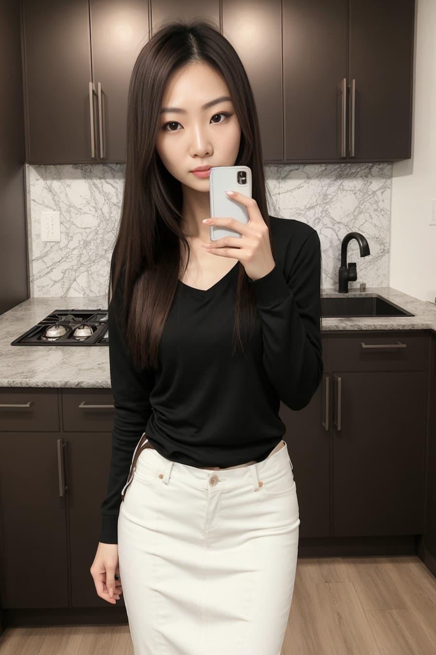Kitchen mirror selfie in pencil skirt
