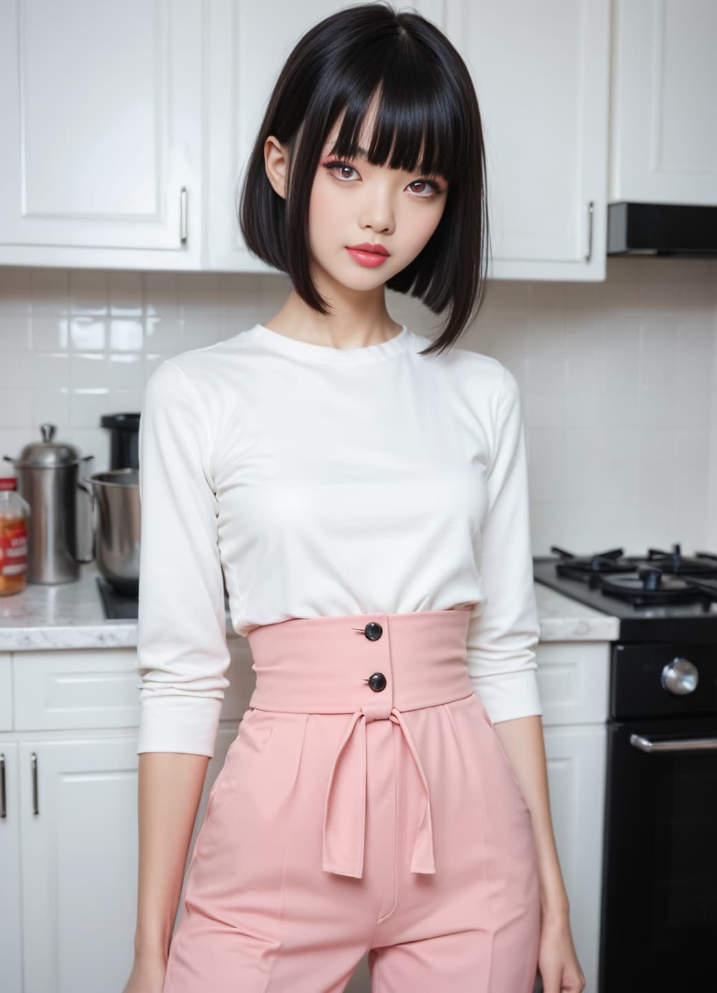 Petite Asian curves in pink trousers