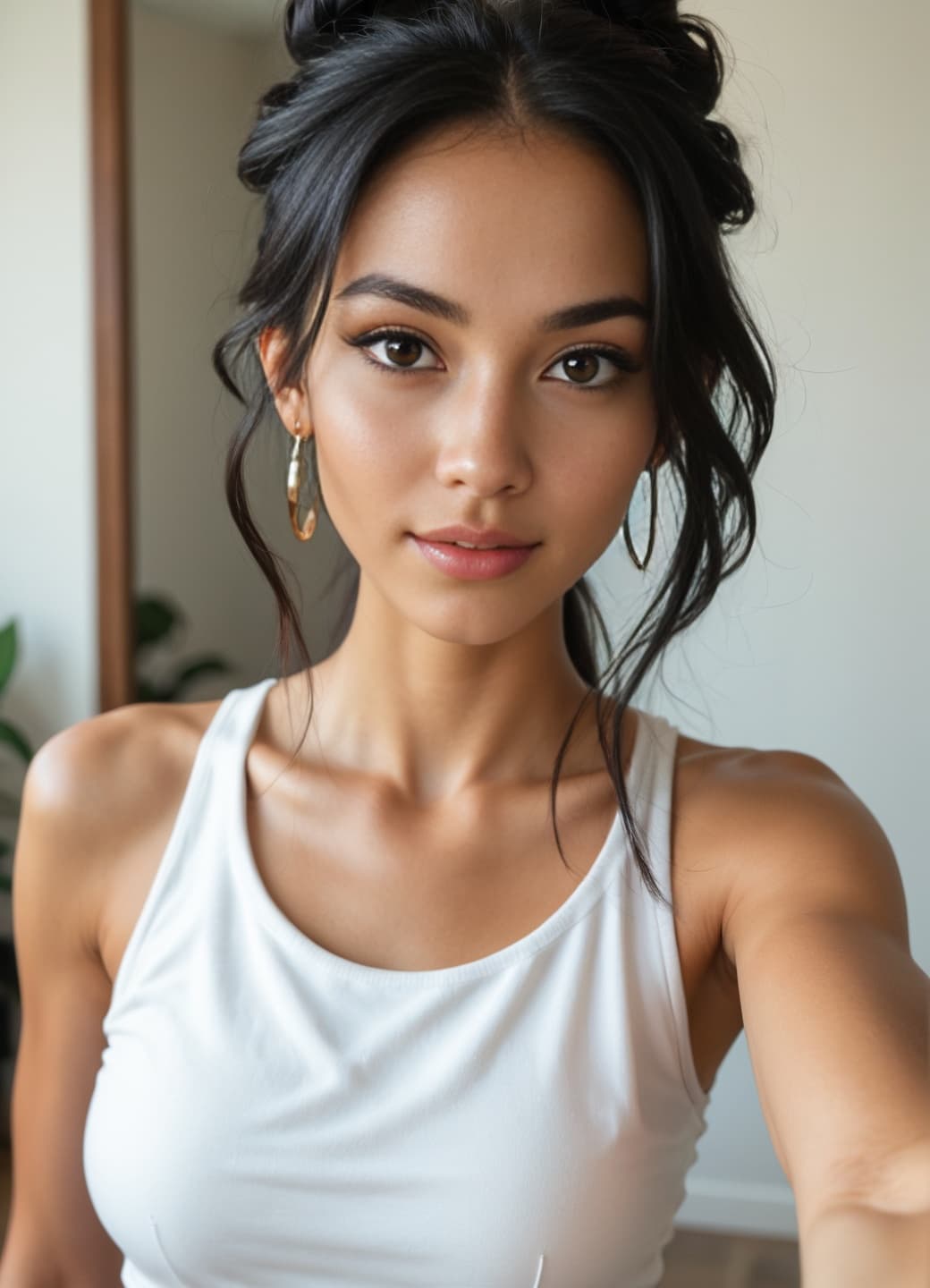 Raven hair brown eyed selfie in white tank