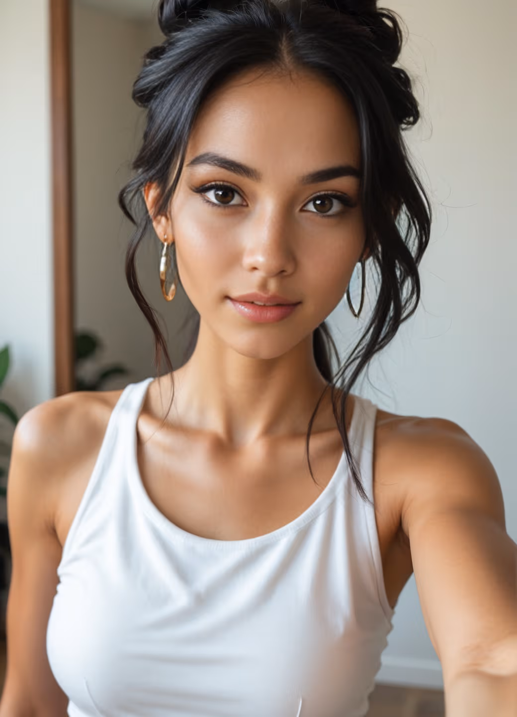 Raven hair brown eyed selfie in white tank