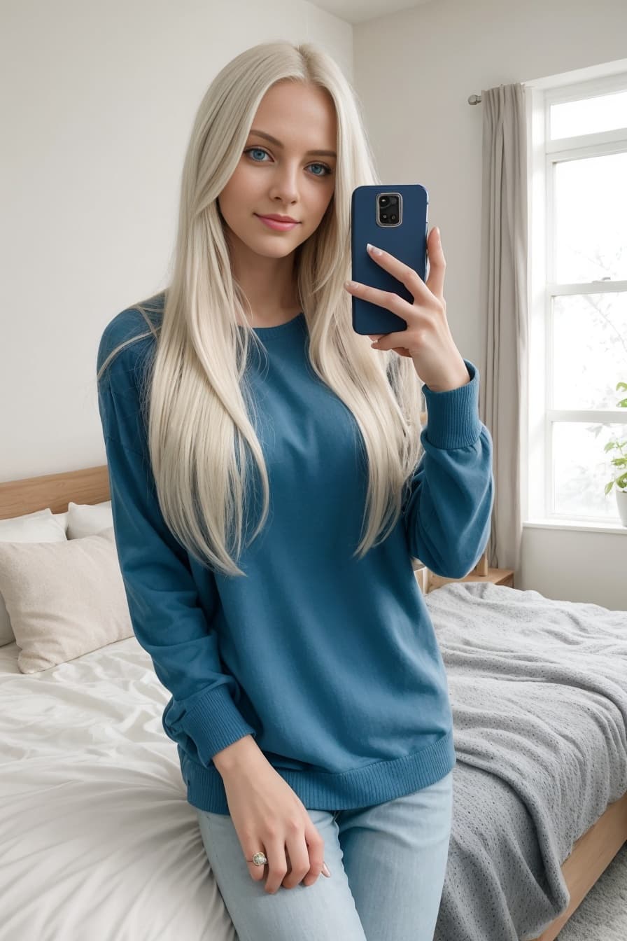 Platinum blonde bedroom selfie