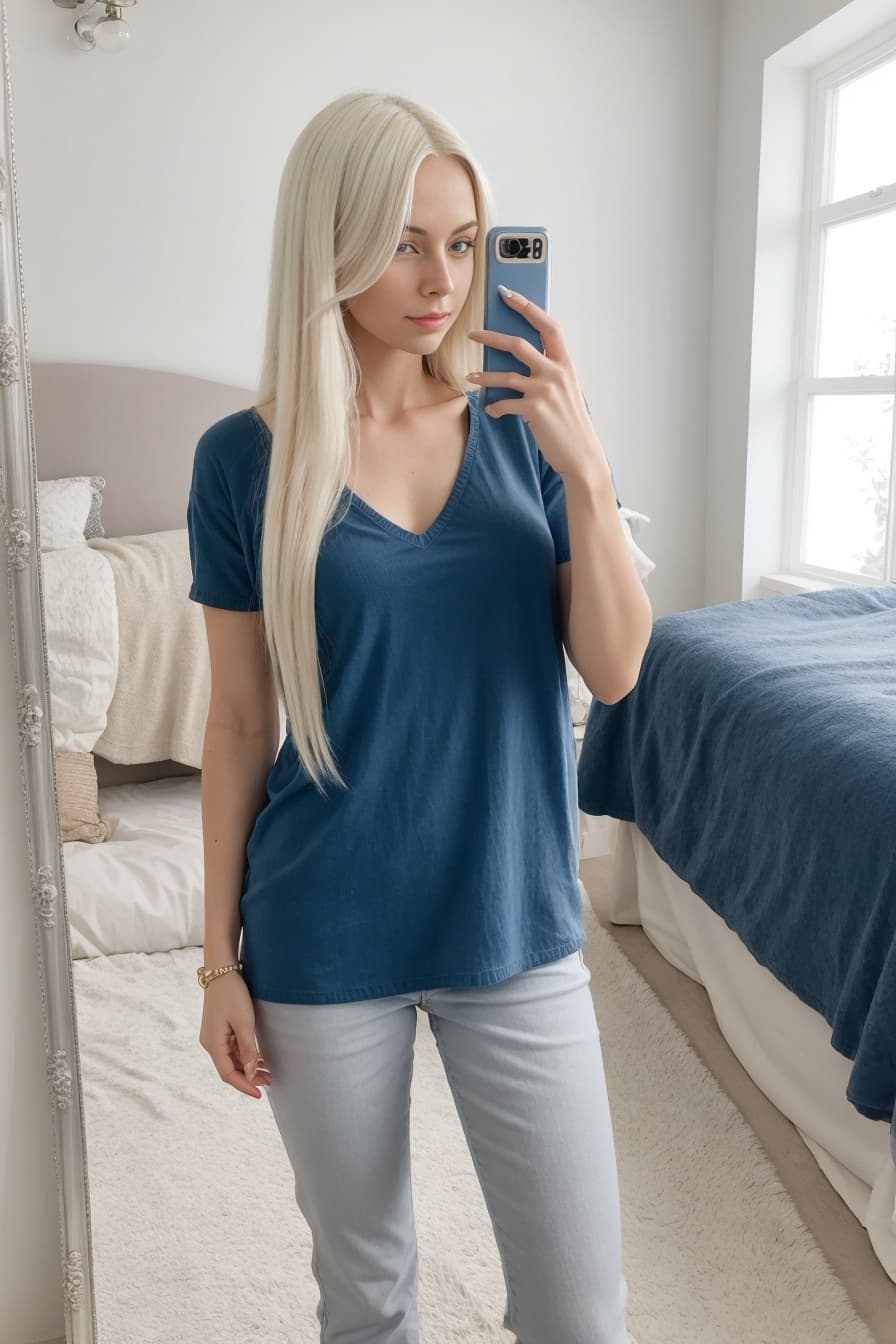 Mirror selfie in blue tee