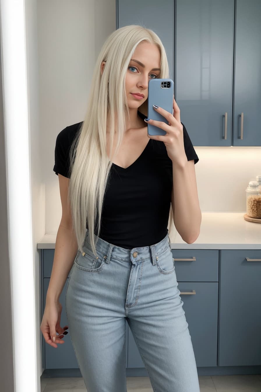 Slim waist jeans mirror selfie