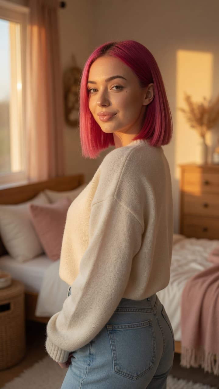 Curvy pink bob over-the-shoulder glance