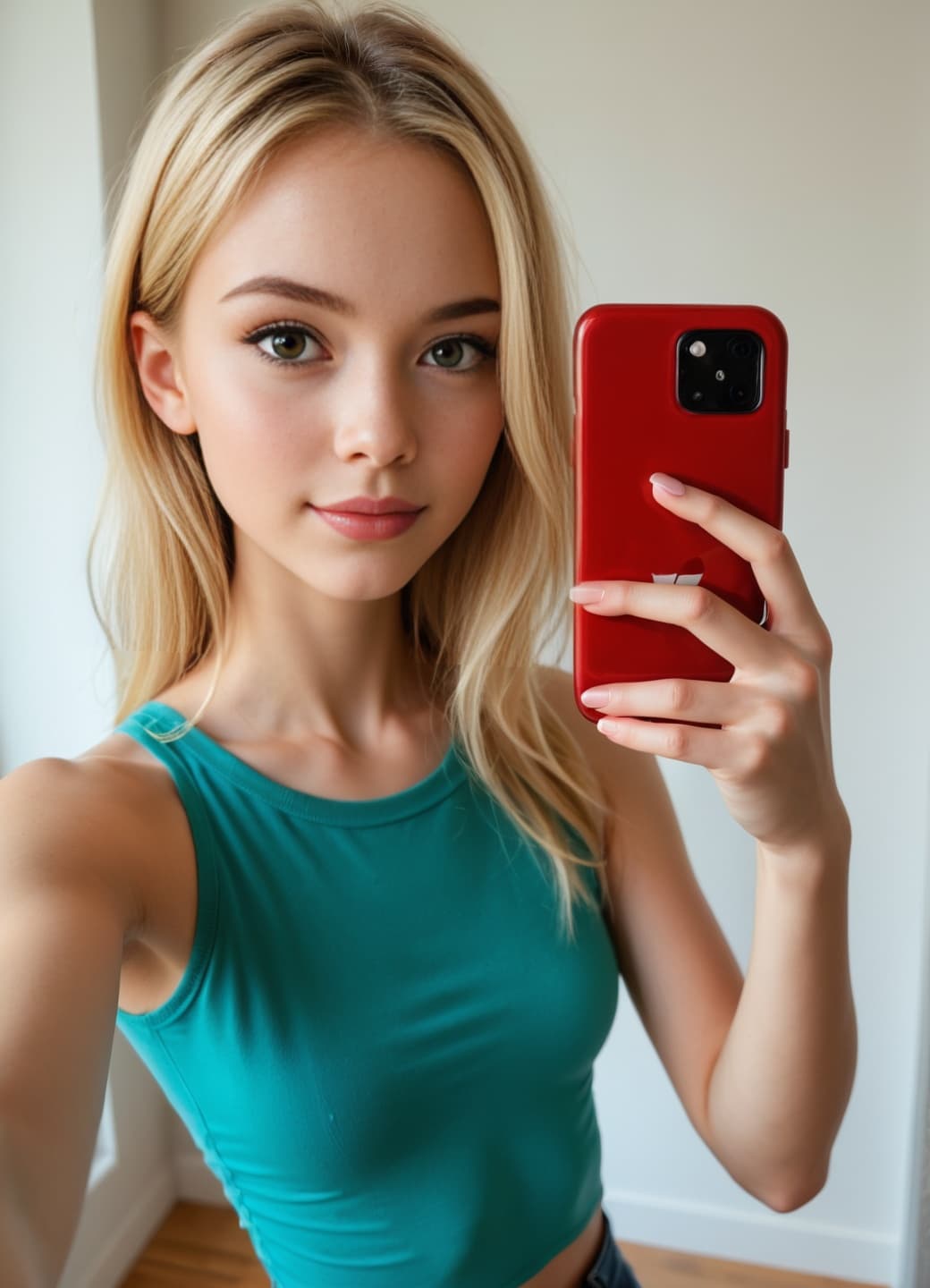 Slim blonde cleavage in tight teal tank selfie