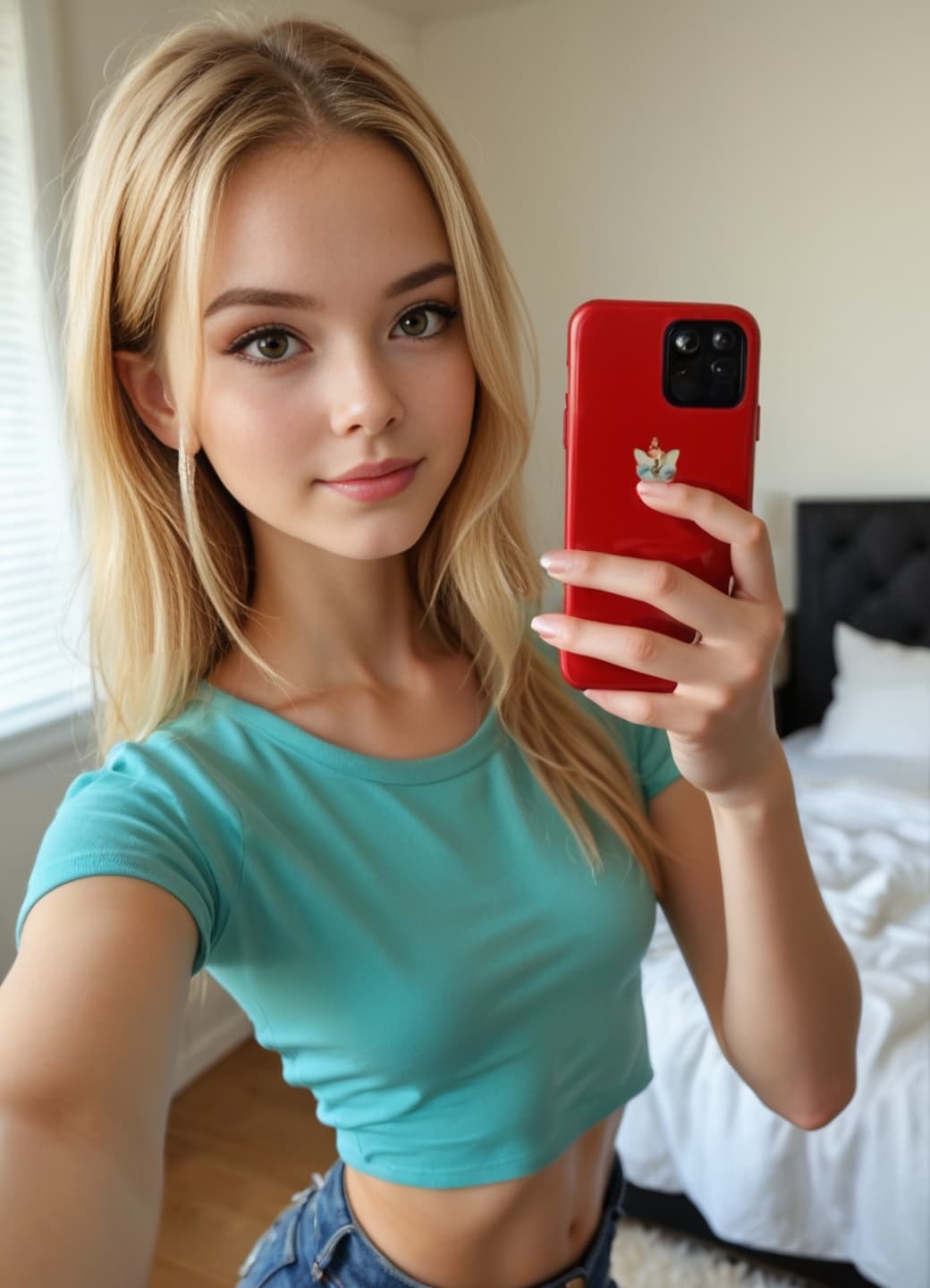 Slim petite blonde bedroom selfie