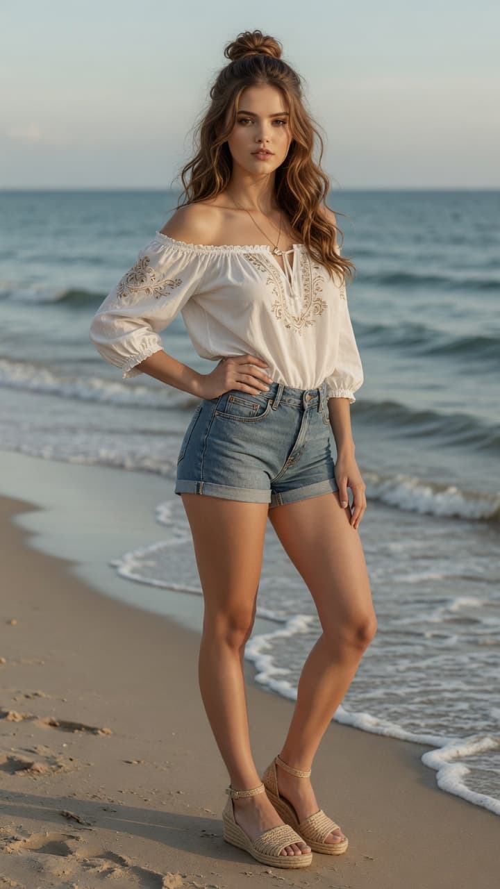 Early 20s brunette beach pose
