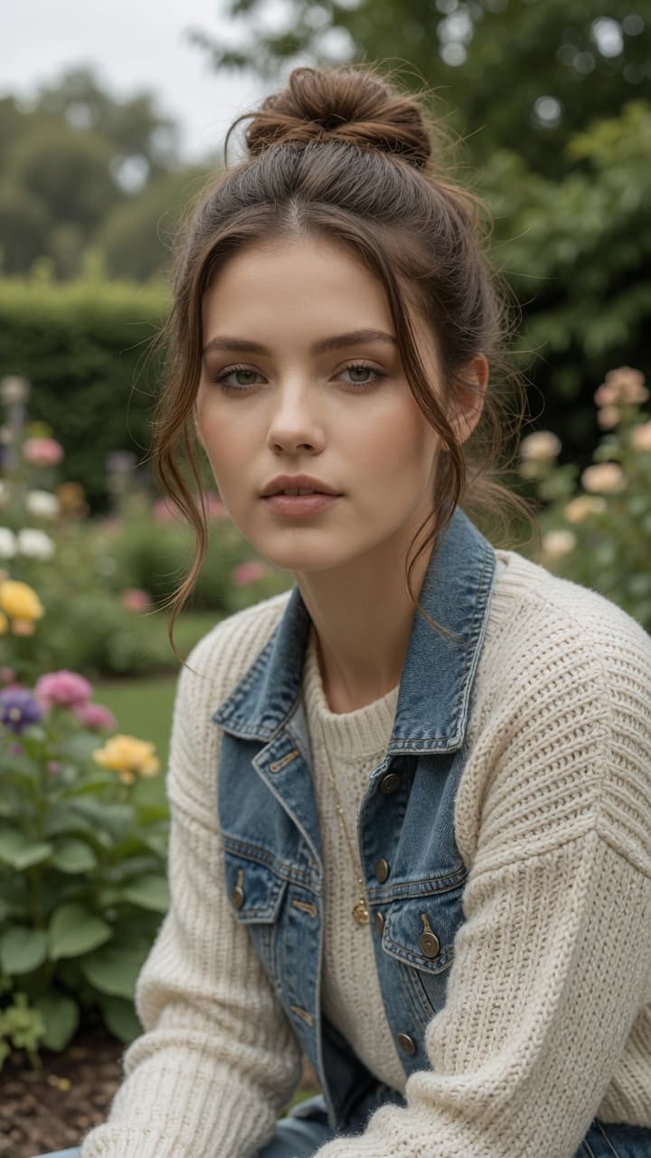 Brunette in garden casual sweater