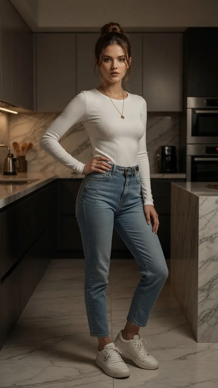 Kitchen hip-cock pose in jeans