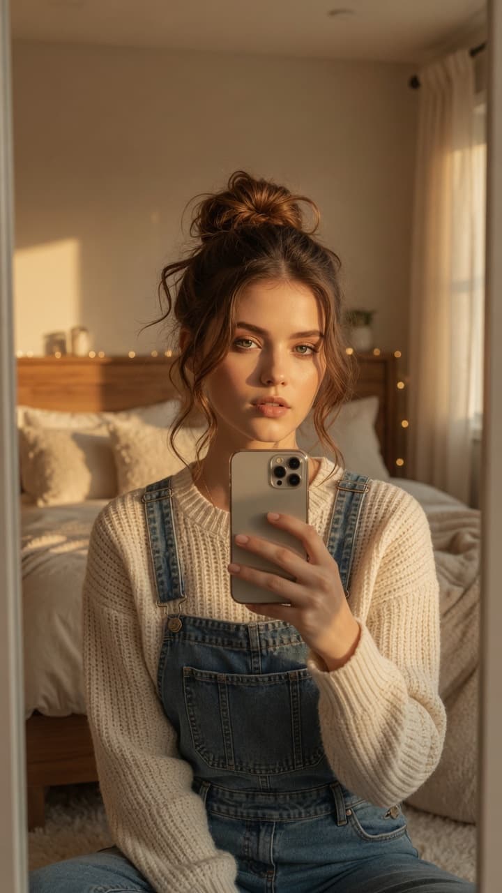 Cozy bedroom mirror selfie overalls