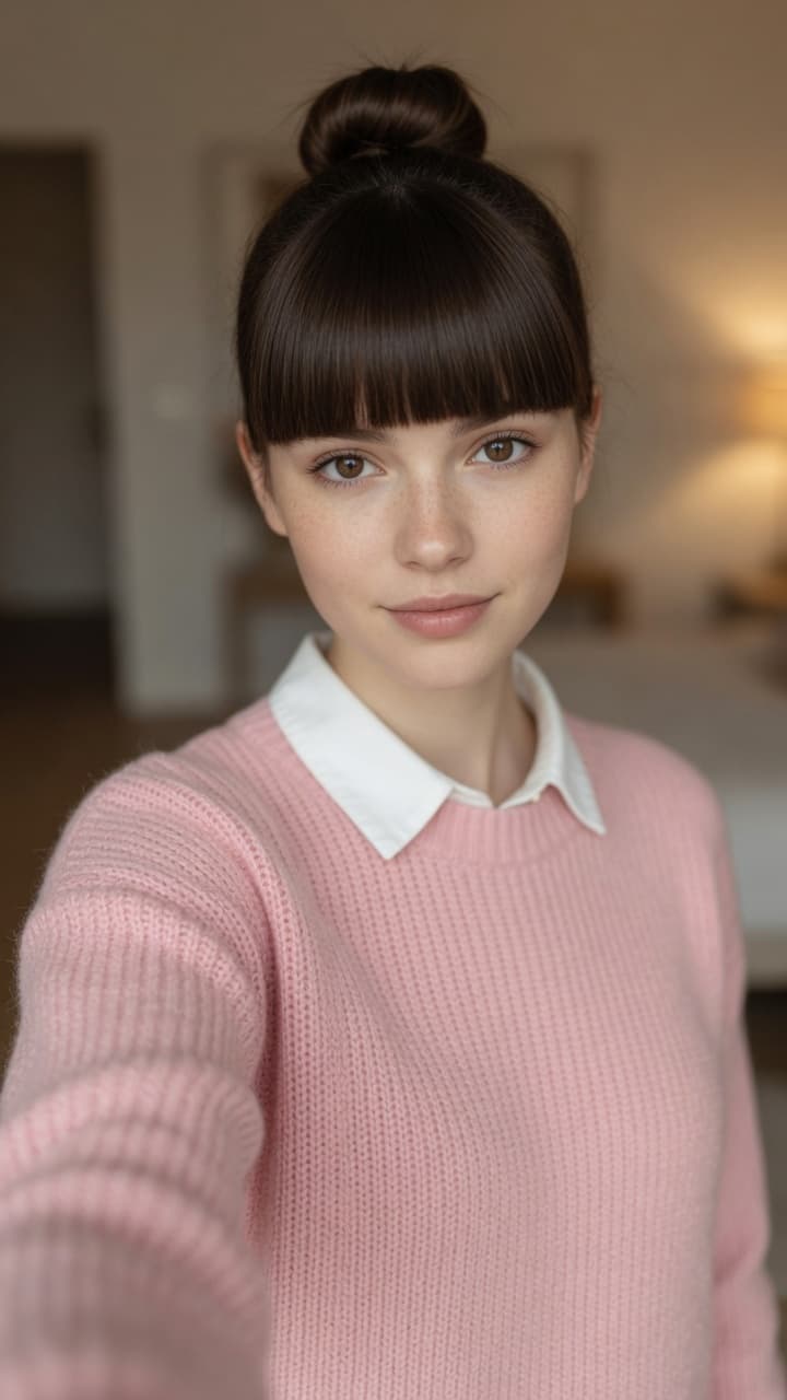 Brunette sweater selfie in bedroom