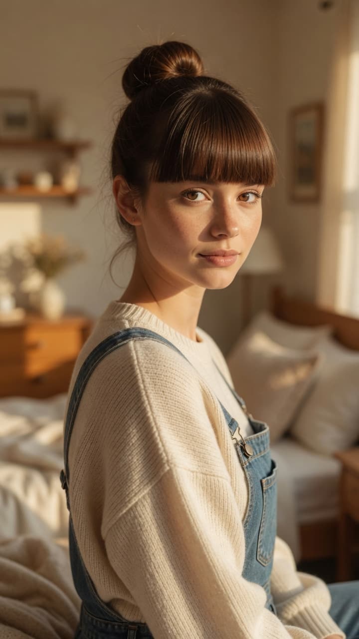 Brunette over shoulder glance in overalls