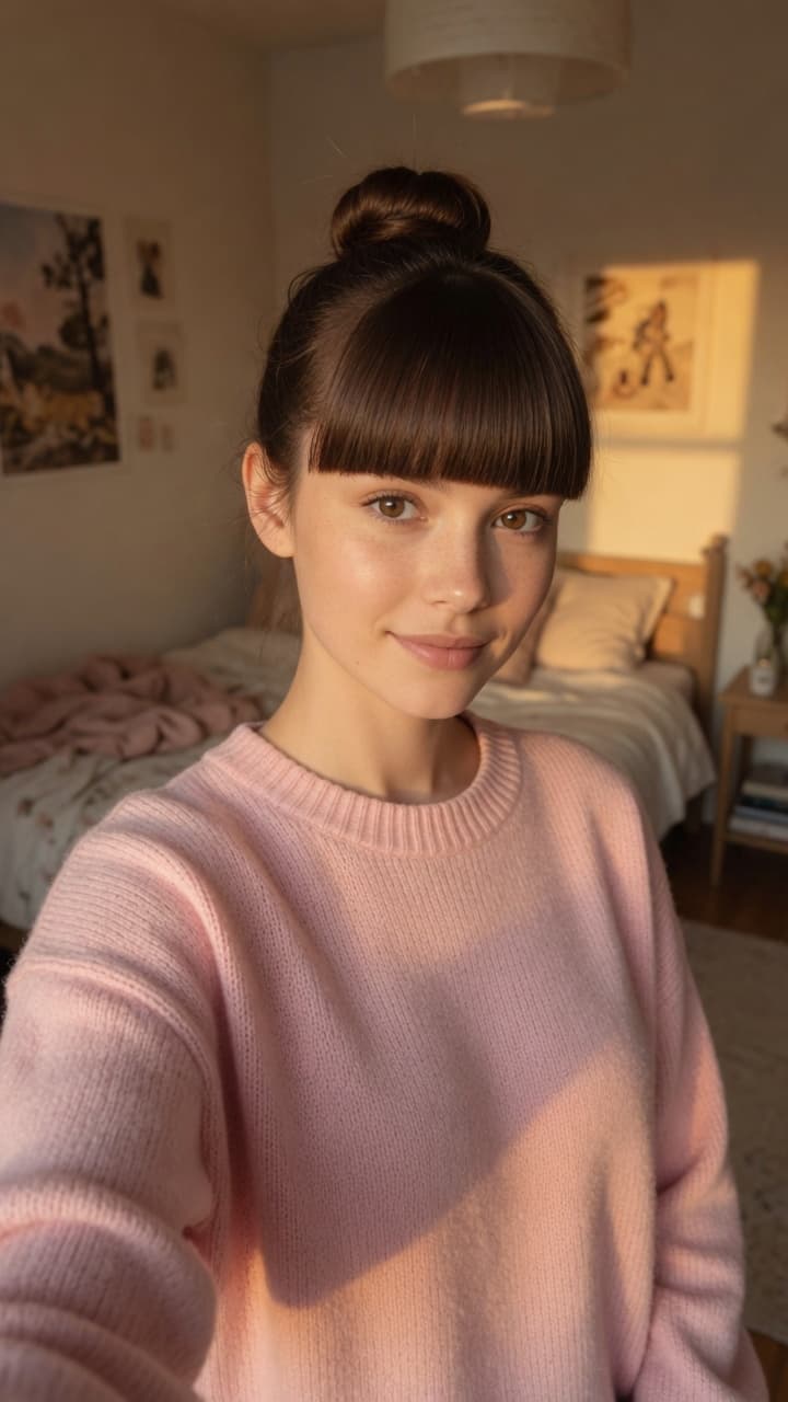 Brunette selfie in pink sweater bedroom