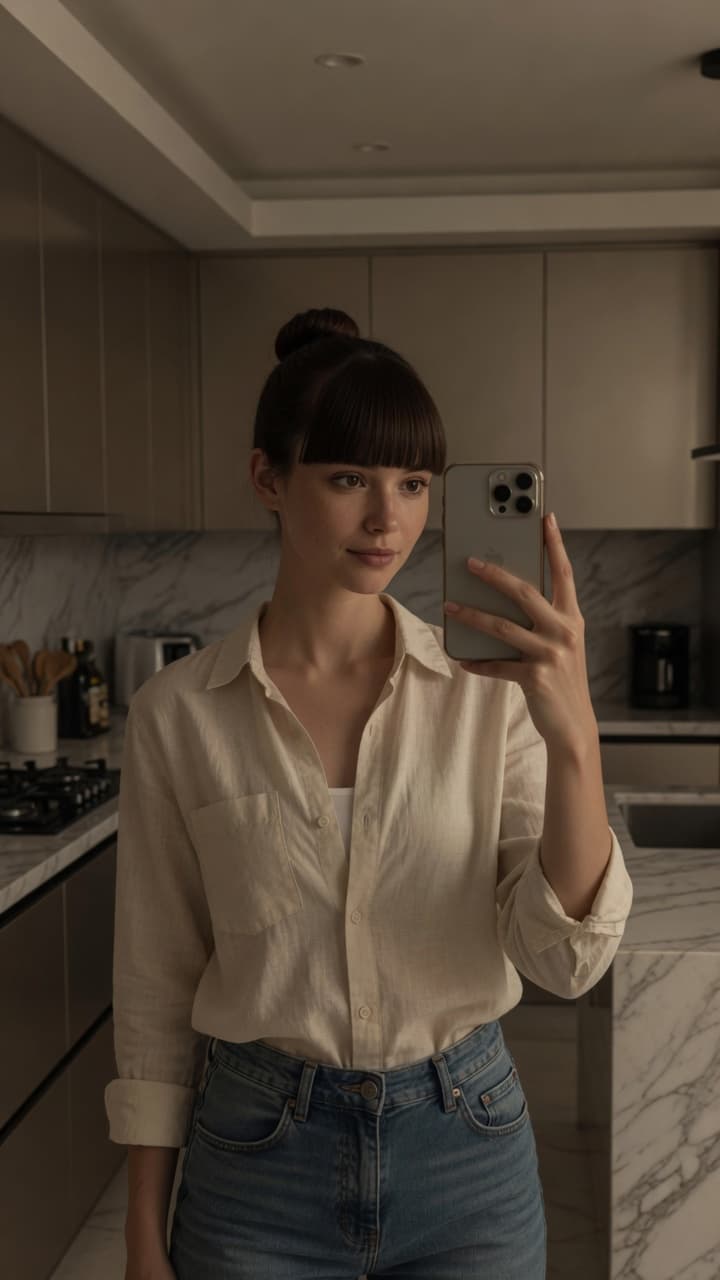 Kitchen mirror selfie in linen shirt