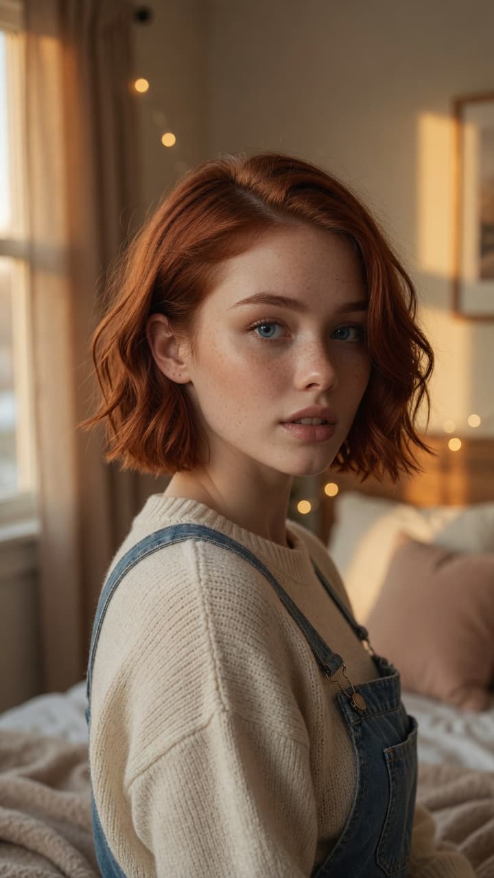 Young redhead over-the-shoulder bedroom glance