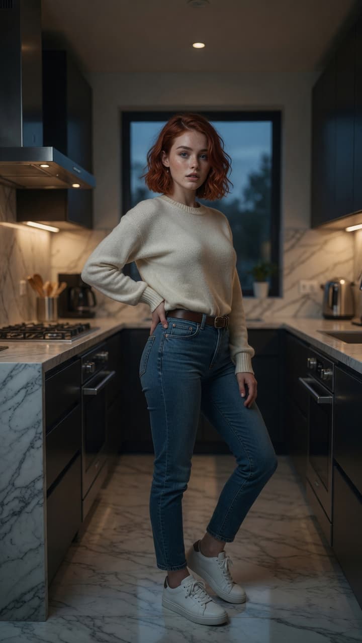 Redhead in kitchen, fully clothed