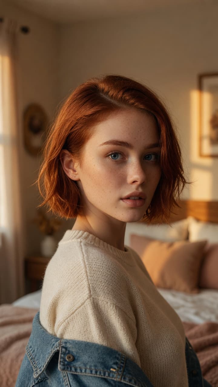 Redhead cozy bedroom glance back
