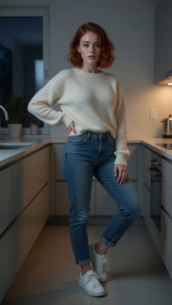 Redhead in casual kitchen pose