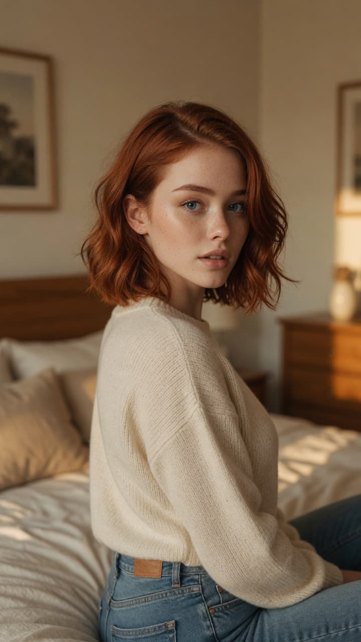 Redhead over-shoulder glance in bed