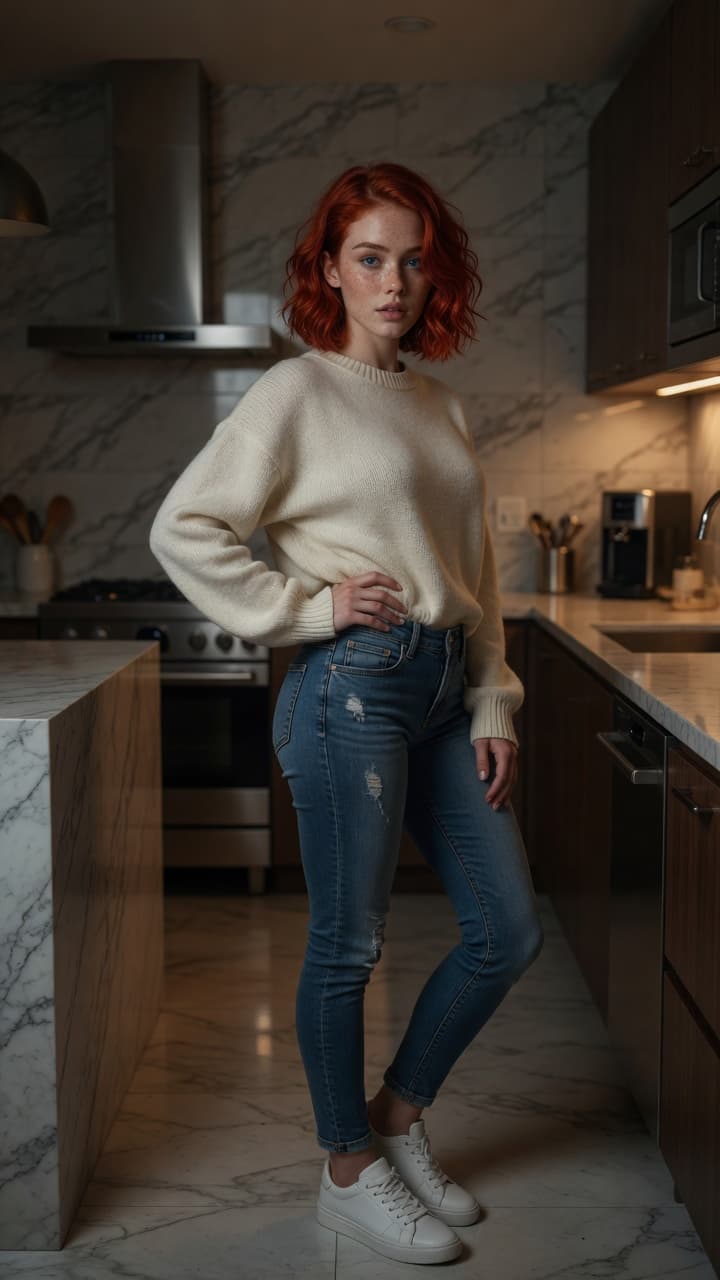 Redhead in casual kitchen pose