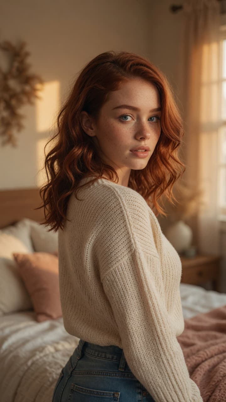 Slim redhead curves in jeans