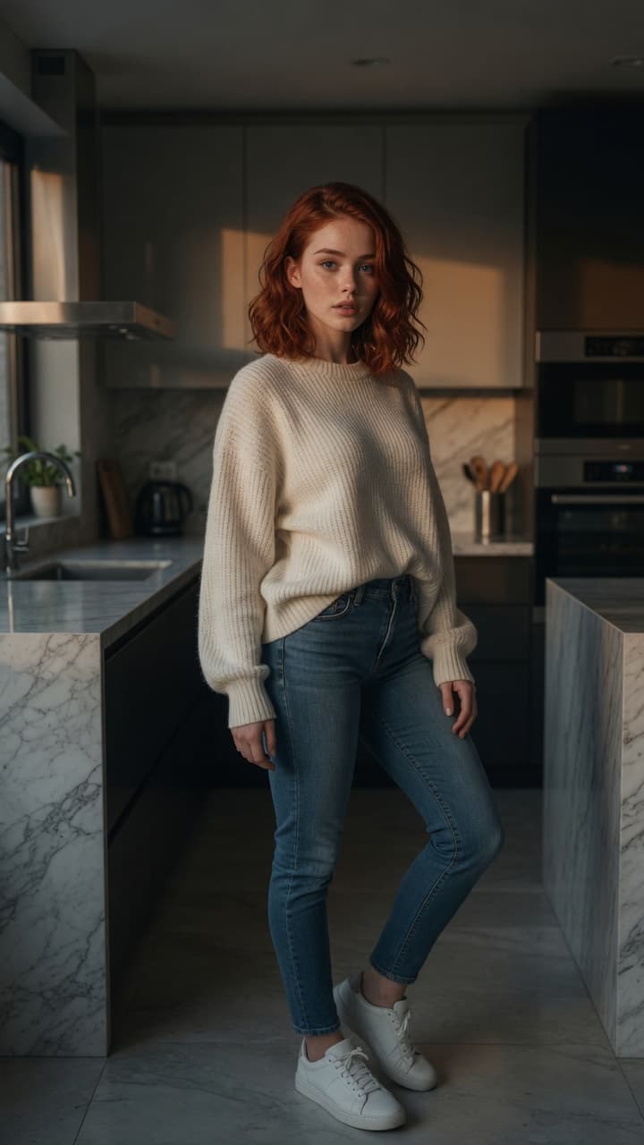 Redhead wavy hair kitchen pose