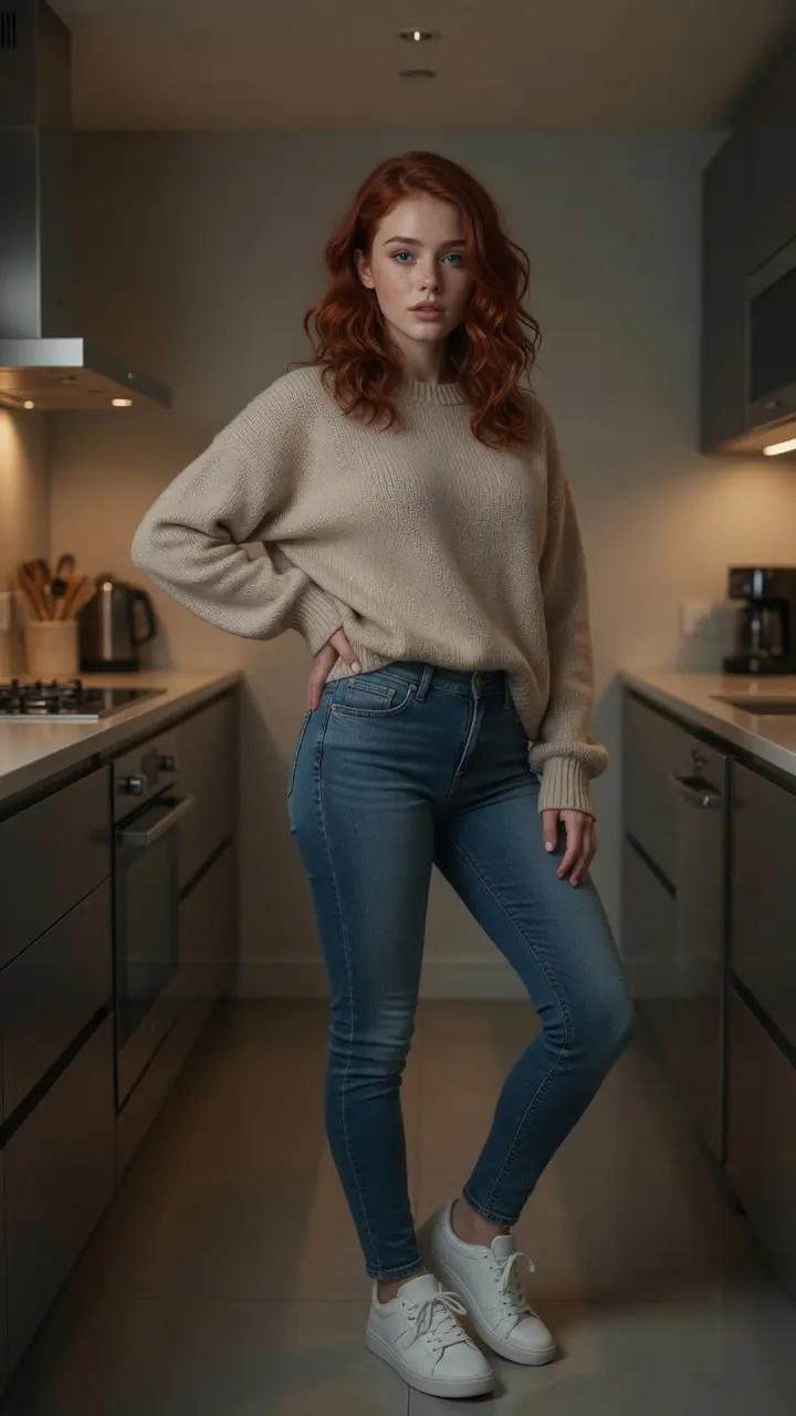 Redhead in beige sweater kitchen pose