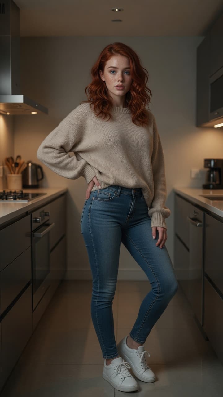 Redhead in beige sweater kitchen pose