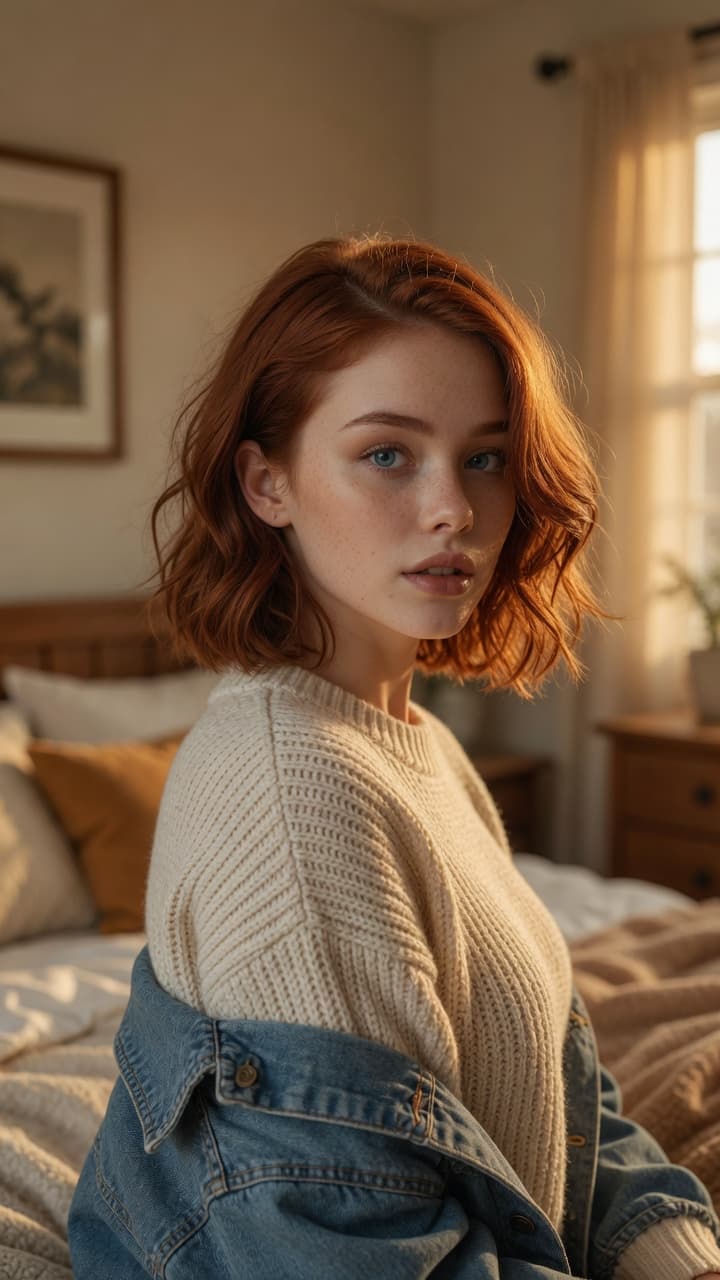 Redhead bedroom over-shoulder glance