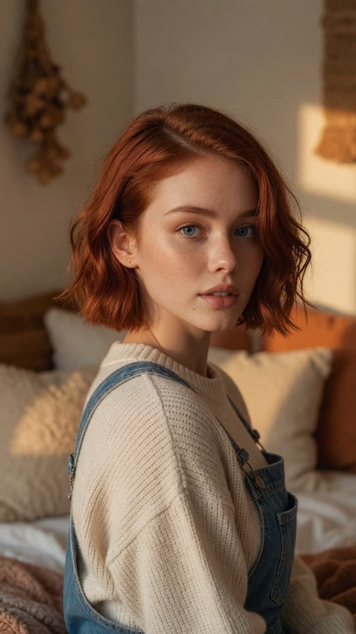 Redhead over-the-shoulder bedroom glance