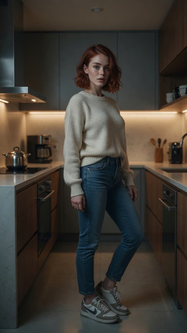 Slim redhead hips in kitchen
