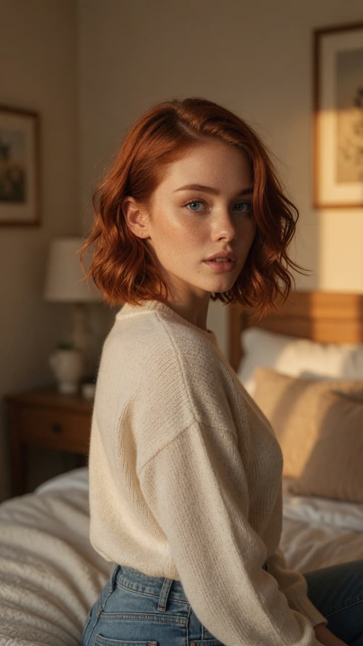 Redhead wavy hair bedroom glance