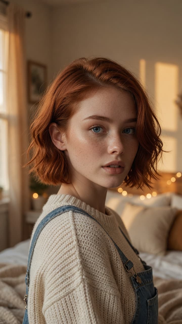 Redhead blue eyes bedroom glance