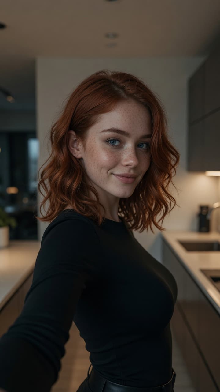 Redhead kitchen selfie in black top