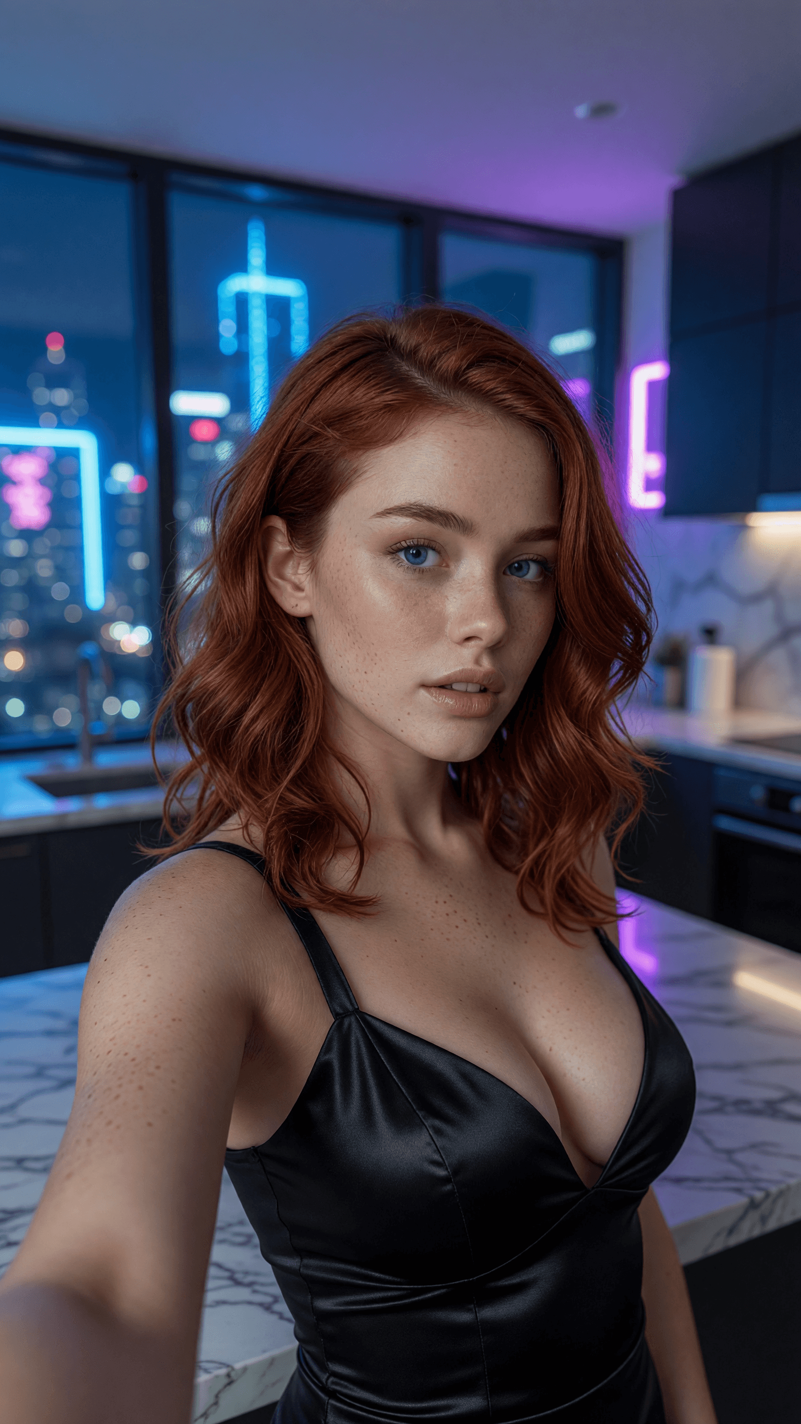 Redhead cleavage selfie in satin