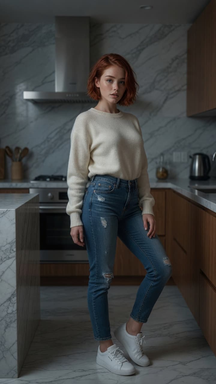 Redhead in cream sweater kitchen pose