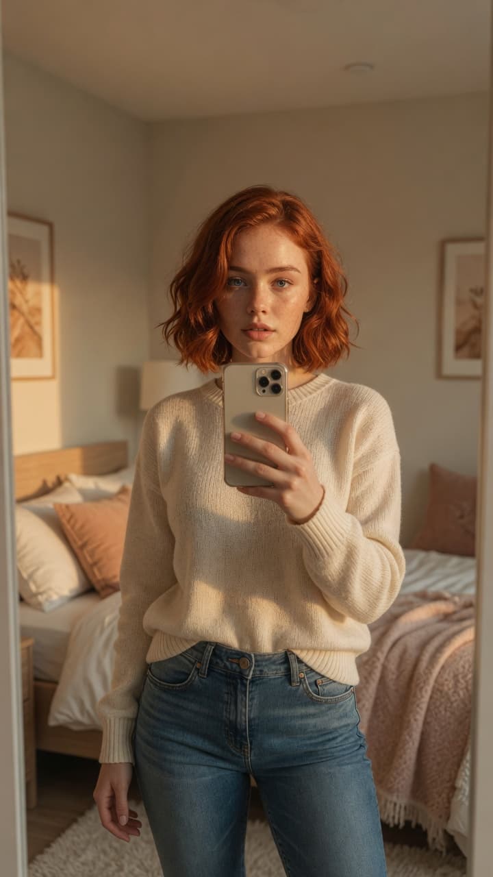 Redhead mirror selfie bedroom