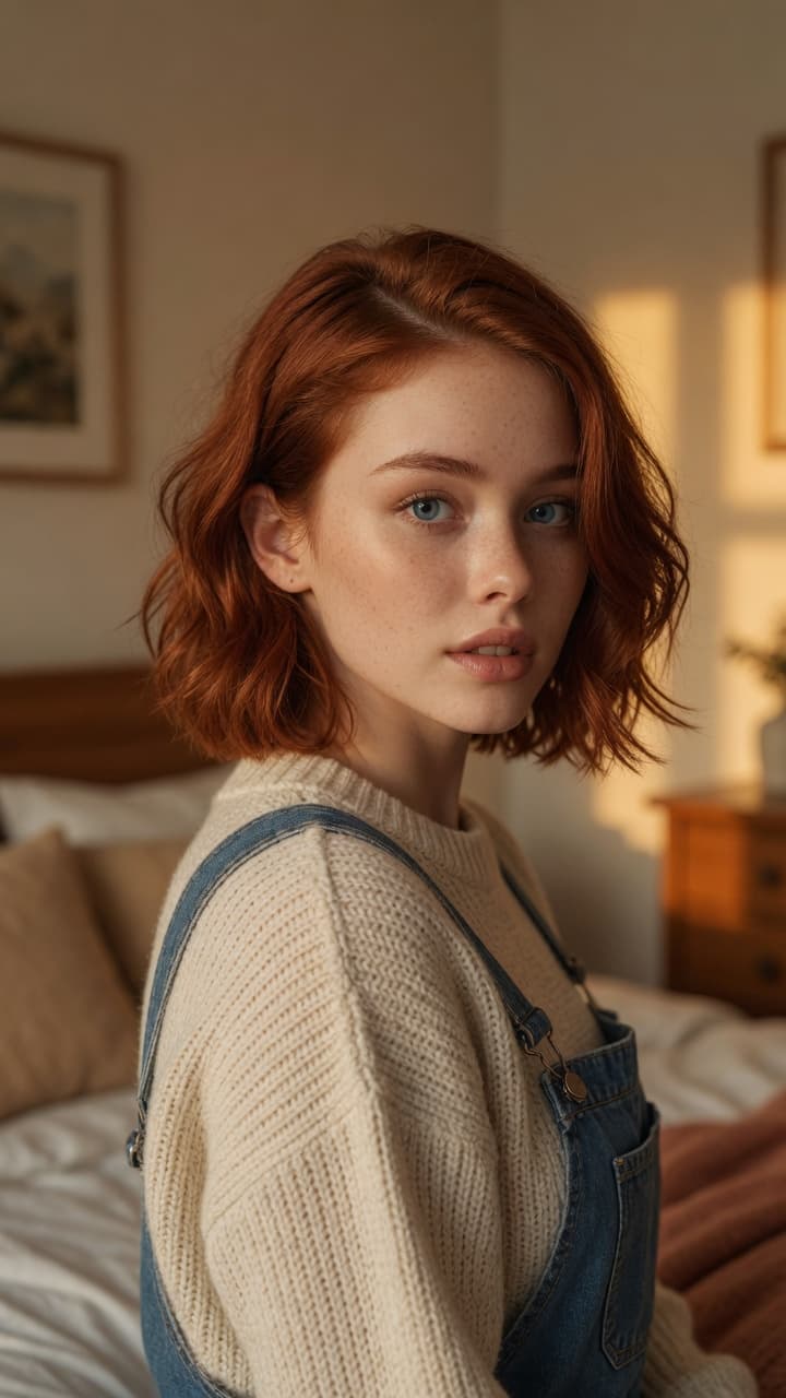College redhead bedroom over-the-shoulder look