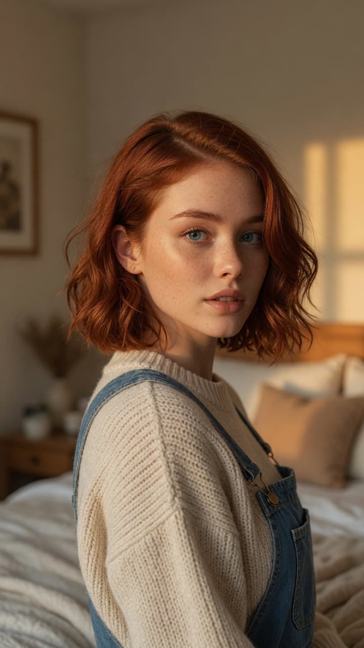 Redhead over-the-shoulder sweater glance