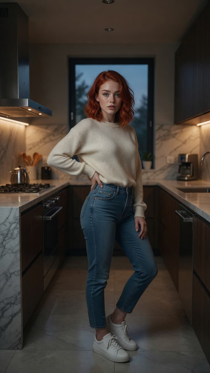 Redhead in kitchen cream sweater