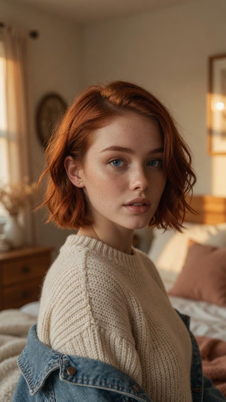 Slim redhead curves in cozy bedroom