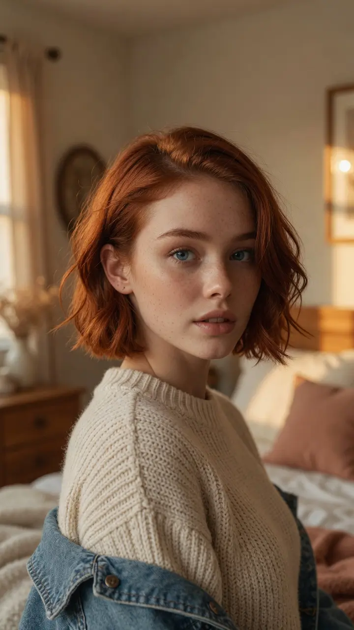 Slim redhead curves in cozy bedroom