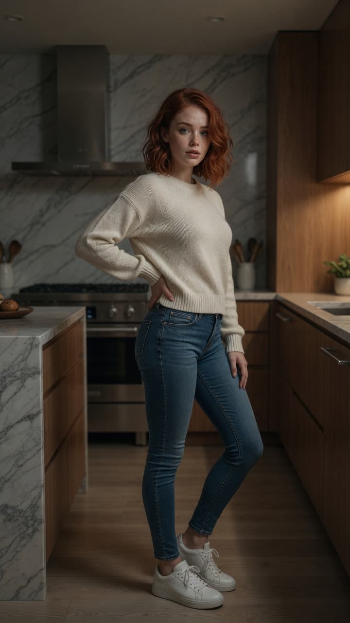 Redhead confident pose in kitchen