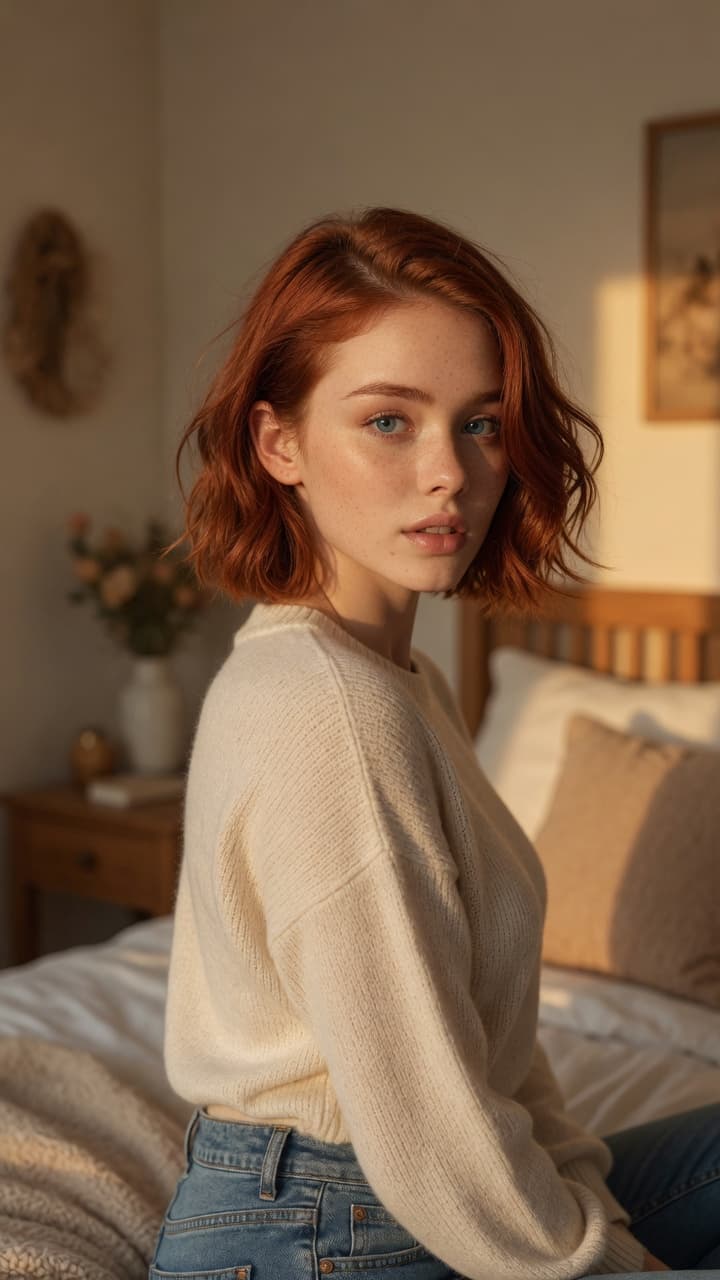 Slim redhead curves on bed